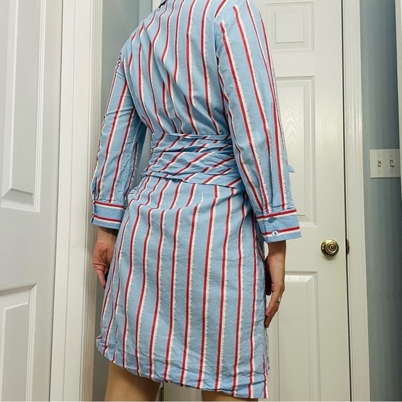 Finley Shirt Dress Striped Blue Preppy Wrap Work Modest Academia Fall Size Small - Picture 2 of 5